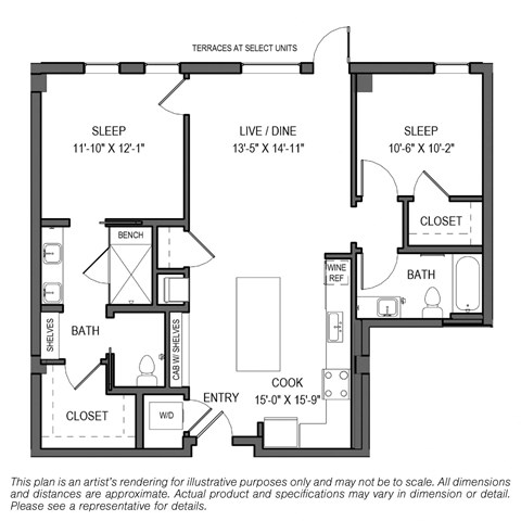 Floor plan for 2 beds, 2 baths, 1081 sqft